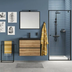 Tiger Reverse Meubelset 80 Cm Met 2 Lades Chalet Eik / Mat Zwart Inclusief Oval Wastafel Mat Zwart -Huishoudelijke Artikelen 123 1041